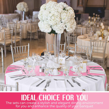 8 Pcs White and Light Pink Round Tablecloth and Satin Runner Set
