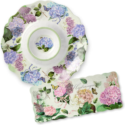 Garden Path Melamine 2-Piece Appetizer Hostess Set – Chip & Dip Platter 14.5" and Rectangular Serving Tray 19" x 8", BPA-Free, Pink, Purple, and White Hydrangea Design
