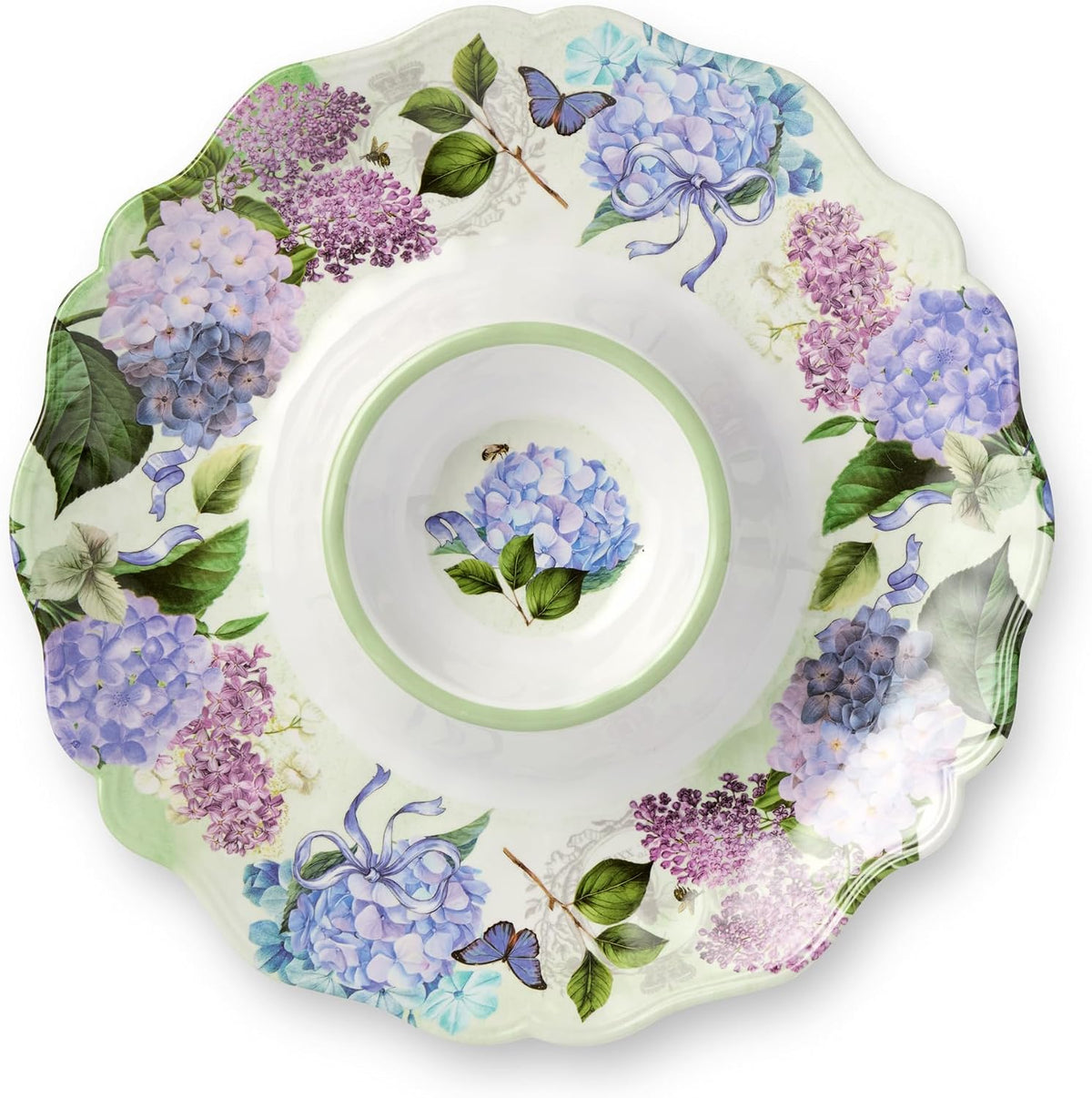 Garden Path Melamine 2-Piece Appetizer Hostess Set – Chip & Dip Platter 14.5" and Rectangular Serving Tray 19" x 8", BPA-Free, Pink, Purple, and White Hydrangea Design