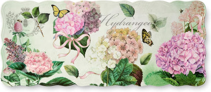 Garden Path Melamine 2-Piece Appetizer Hostess Set – Chip & Dip Platter 14.5" and Rectangular Serving Tray 19" x 8", BPA-Free, Pink, Purple, and White Hydrangea Design