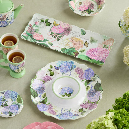 Garden Path Melamine 2-Piece Appetizer Hostess Set – Chip & Dip Platter 14.5" and Rectangular Serving Tray 19" x 8", BPA-Free, Pink, Purple, and White Hydrangea Design
