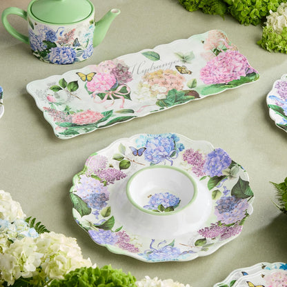 Garden Path Melamine 2-Piece Appetizer Hostess Set – Chip & Dip Platter 14.5" and Rectangular Serving Tray 19" x 8", BPA-Free, Pink, Purple, and White Hydrangea Design