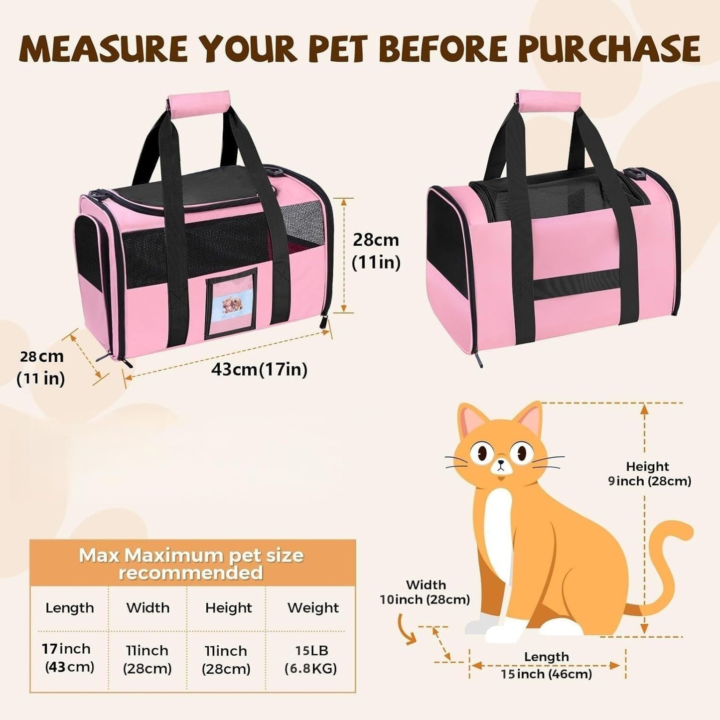 Soft Cat Carrier for Pets Up to 15 lbs, TSA Approved for Airline in-Cabin, Cat Travel Bag with Detachable Cat Food Bowl, Pet Carriers for Small Dogs, Waterproof Travel Puppy Carry, Pink