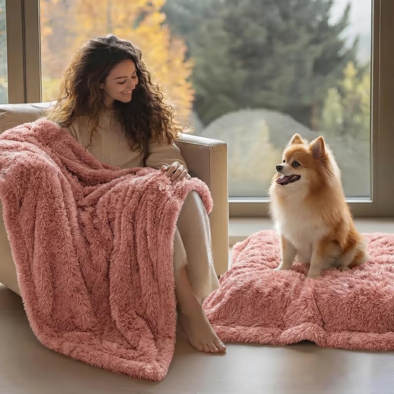 Pet Blankets Waterproof Fluffy Fleece Blanket Cat Dog Blankets Liquid Pee Proof Throw Blanket Reversible Furniture Protector Cover Washable for Couches Beds Sofa 65"x57" Pink