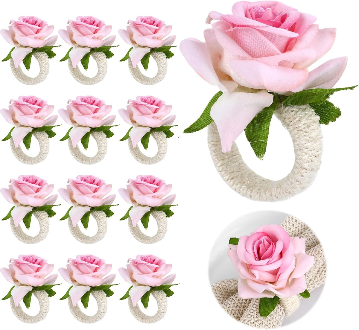 Flower Napkin Rings Set of 12, Handmade Pink Rose Flower Spring Napkin Rings Holder, Romantic Table Decorations for Mother's Day, Wedding, Easter, Birthday, Tea Party