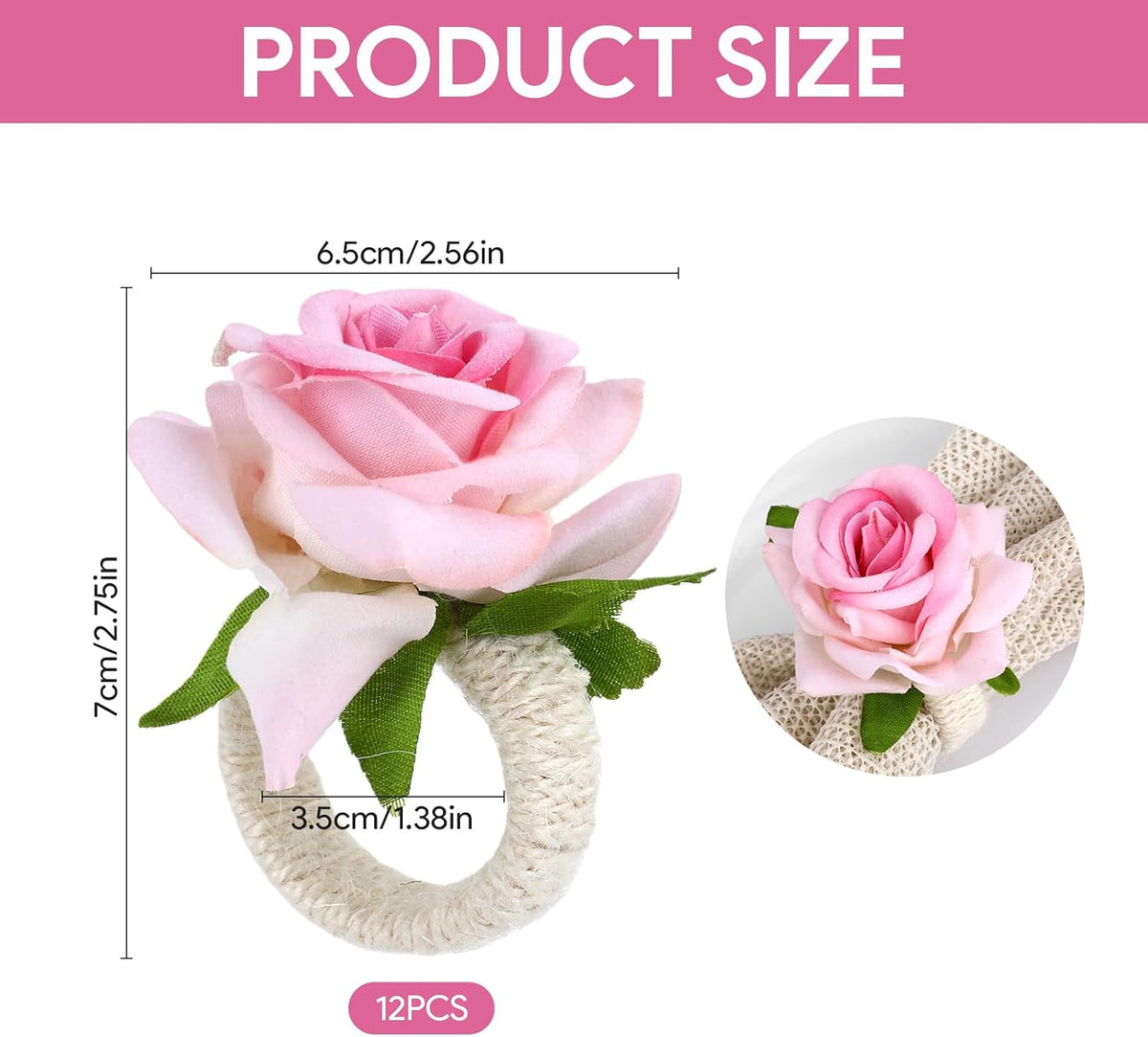 Flower Napkin Rings Set of 12, Handmade Pink Rose Flower Spring Napkin Rings Holder, Romantic Table Decorations for Mother's Day, Wedding, Easter, Birthday, Tea Party