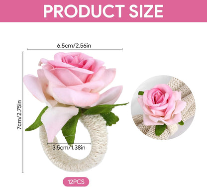 Flower Napkin Rings Set of 12, Handmade Pink Rose Flower Spring Napkin Rings Holder, Romantic Table Decorations for Mother's Day, Wedding, Easter, Birthday, Tea Party