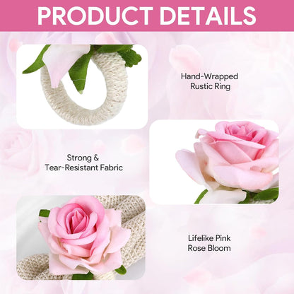 Flower Napkin Rings Set of 12, Handmade Pink Rose Flower Spring Napkin Rings Holder, Romantic Table Decorations for Mother's Day, Wedding, Easter, Birthday, Tea Party