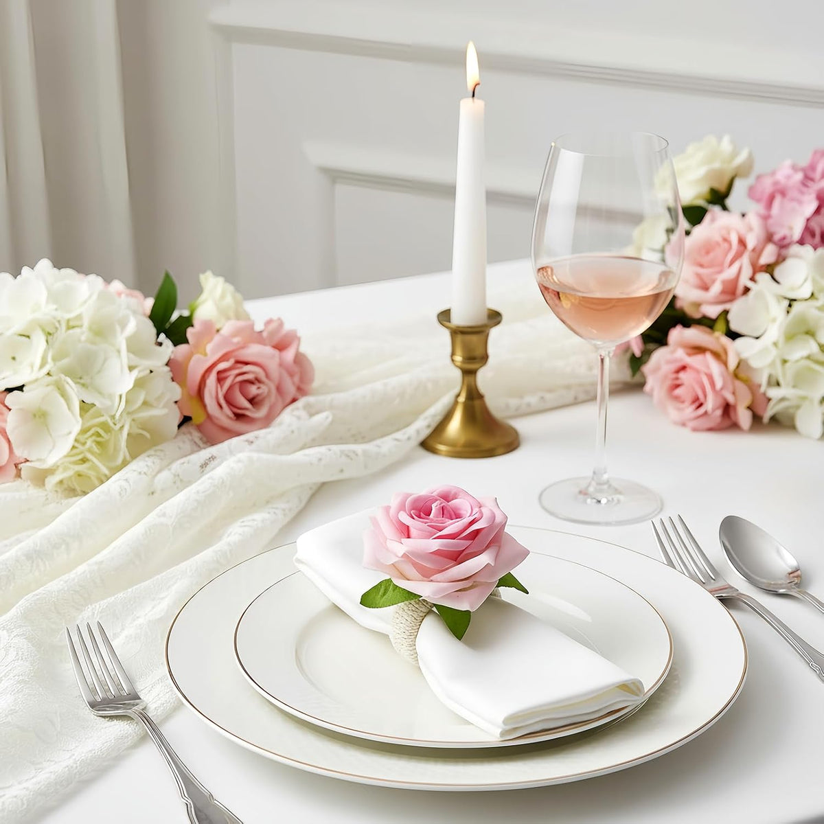 Flower Napkin Rings Set of 12, Handmade Pink Rose Flower Spring Napkin Rings Holder, Romantic Table Decorations for Mother's Day, Wedding, Easter, Birthday, Tea Party