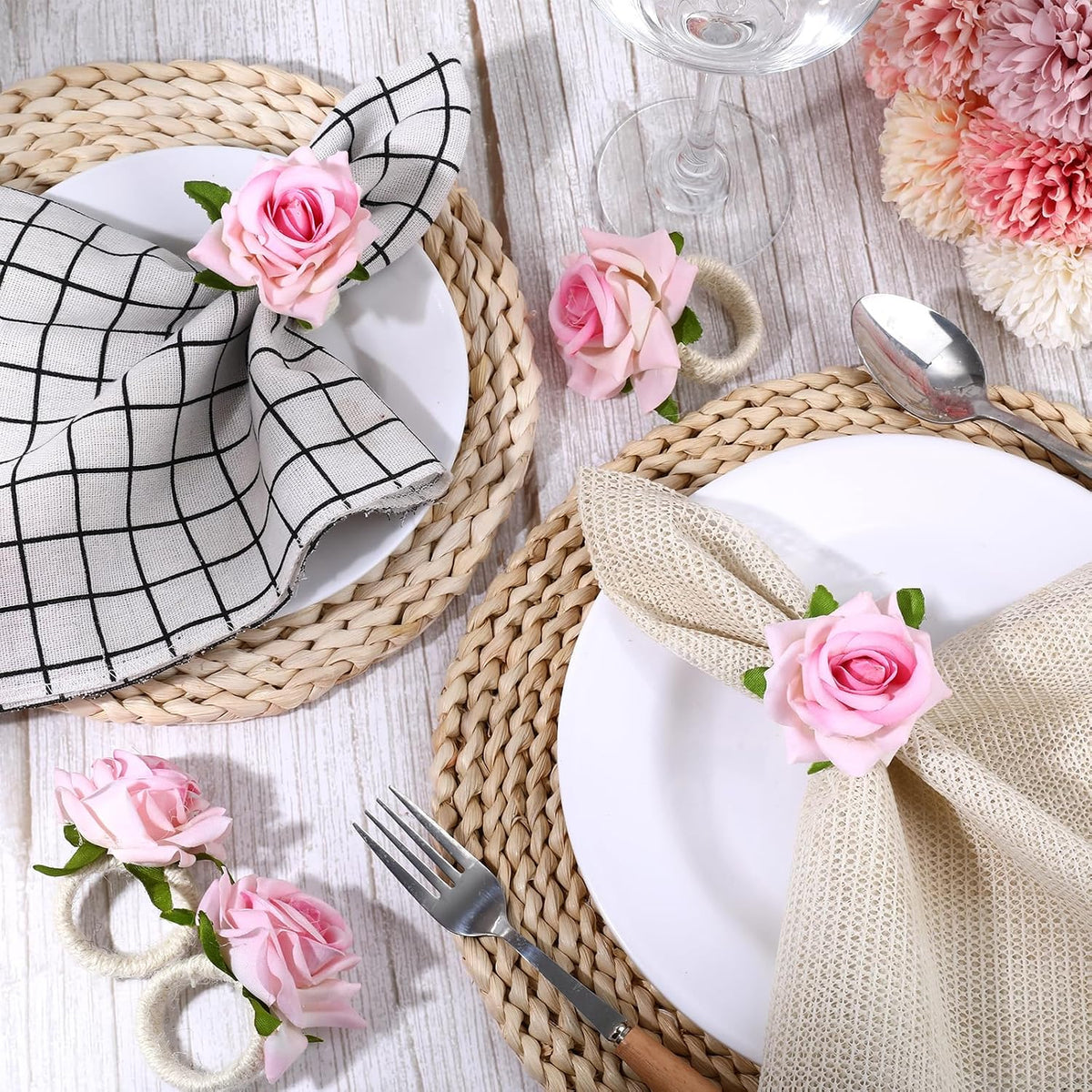 Flower Napkin Rings Set of 12, Handmade Pink Rose Flower Spring Napkin Rings Holder, Romantic Table Decorations for Mother's Day, Wedding, Easter, Birthday, Tea Party
