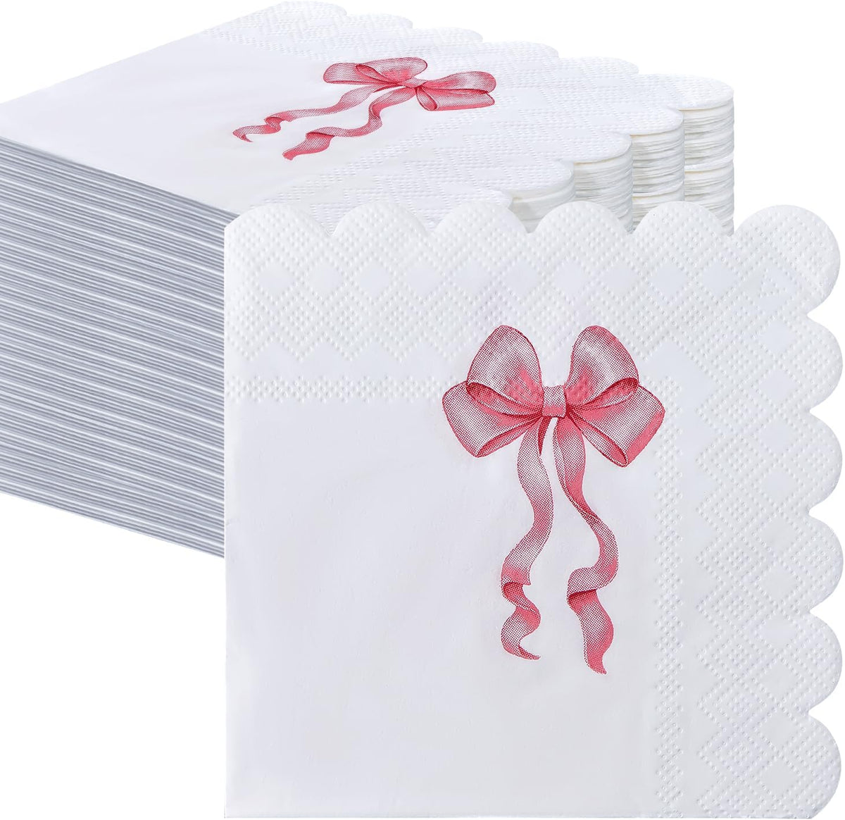 50 Pieces 3-ply Pink Bow Napkins Disposable Folded 5 x 5 Inches Scalloped Cocktail Napkins Bow Theme Paper Napkins for Dinner Wedding Birthday Party Pink Dessert Napkins