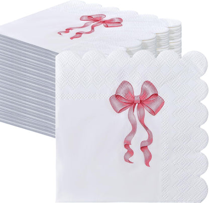 50 Pieces 3-ply Pink Bow Napkins Disposable Folded 5 x 5 Inches Scalloped Cocktail Napkins Bow Theme Paper Napkins for Dinner Wedding Birthday Party Pink Dessert Napkins