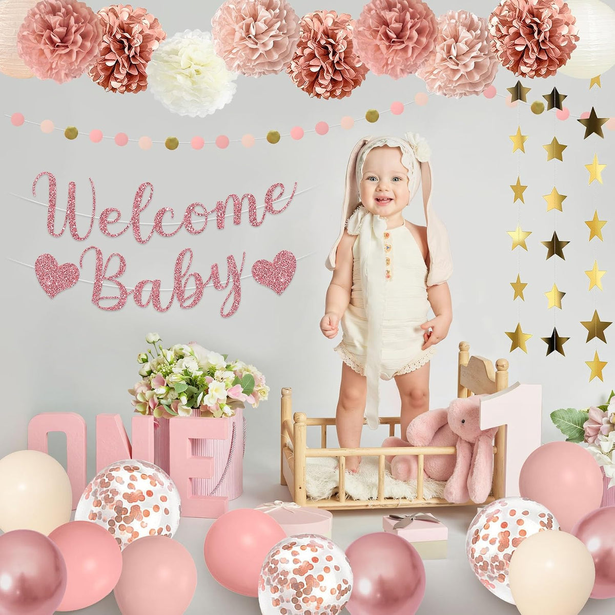 Rose Gold Baby Shower Decorations for Girl Welcome Baby Banner