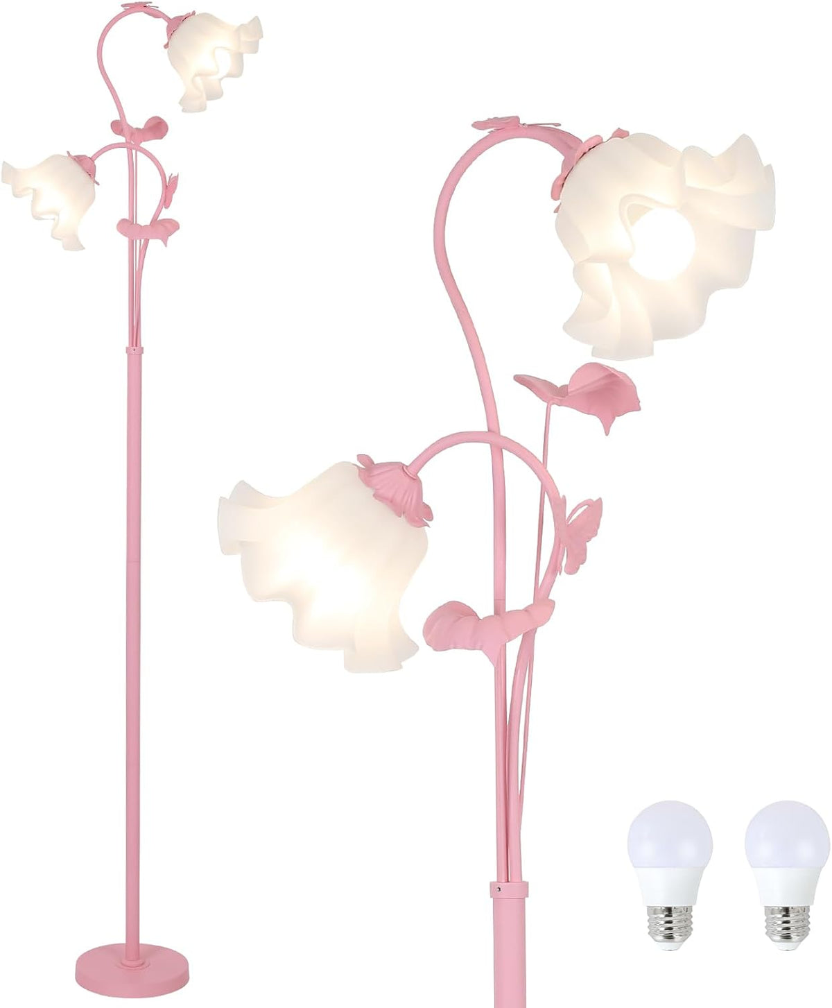 Pink Flower Floor Lamp, Floral Standing Lamp with 2 LED 5W Blubs, Foot Switch, Modern Corner Tall Lamp with Acrylic Shade, Girls Cute Floor Lamp for Living Room Bedroom Office Kids Reading