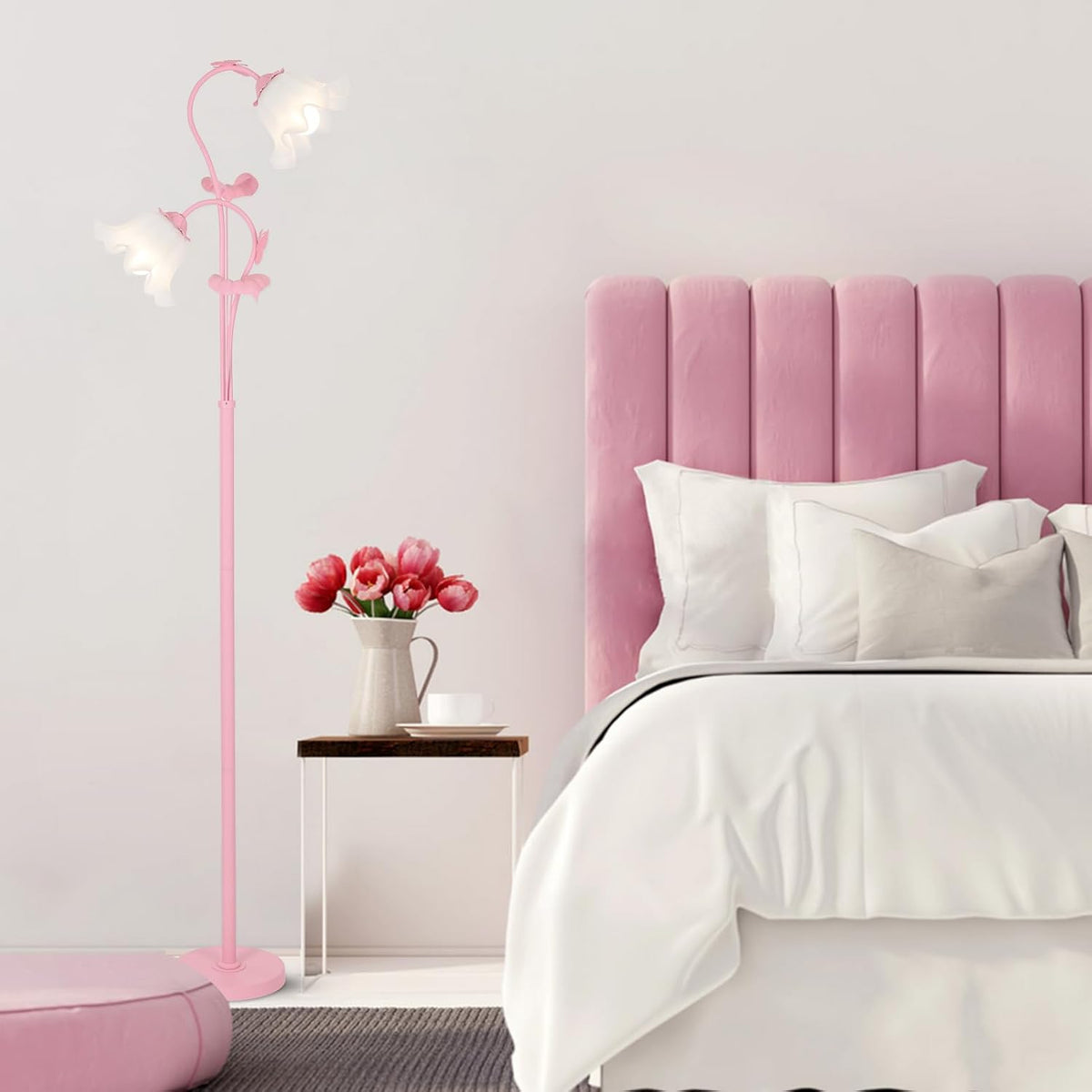Pink Flower Floor Lamp, Floral Standing Lamp with 2 LED 5W Blubs, Foot Switch, Modern Corner Tall Lamp with Acrylic Shade, Girls Cute Floor Lamp for Living Room Bedroom Office Kids Reading