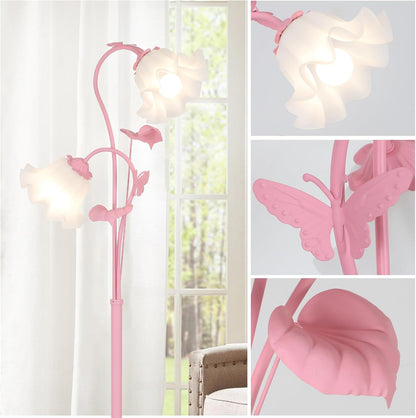 Pink Flower Floor Lamp, Floral Standing Lamp with 2 LED 5W Blubs, Foot Switch, Modern Corner Tall Lamp with Acrylic Shade, Girls Cute Floor Lamp for Living Room Bedroom Office Kids Reading
