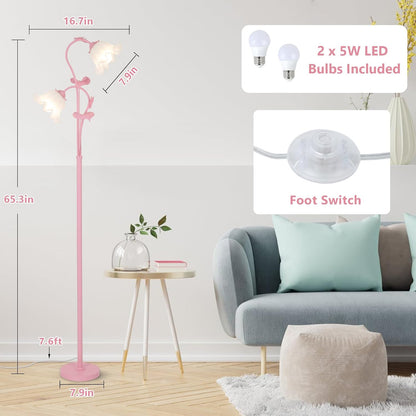 Pink Flower Floor Lamp, Floral Standing Lamp with 2 LED 5W Blubs, Foot Switch, Modern Corner Tall Lamp with Acrylic Shade, Girls Cute Floor Lamp for Living Room Bedroom Office Kids Reading
