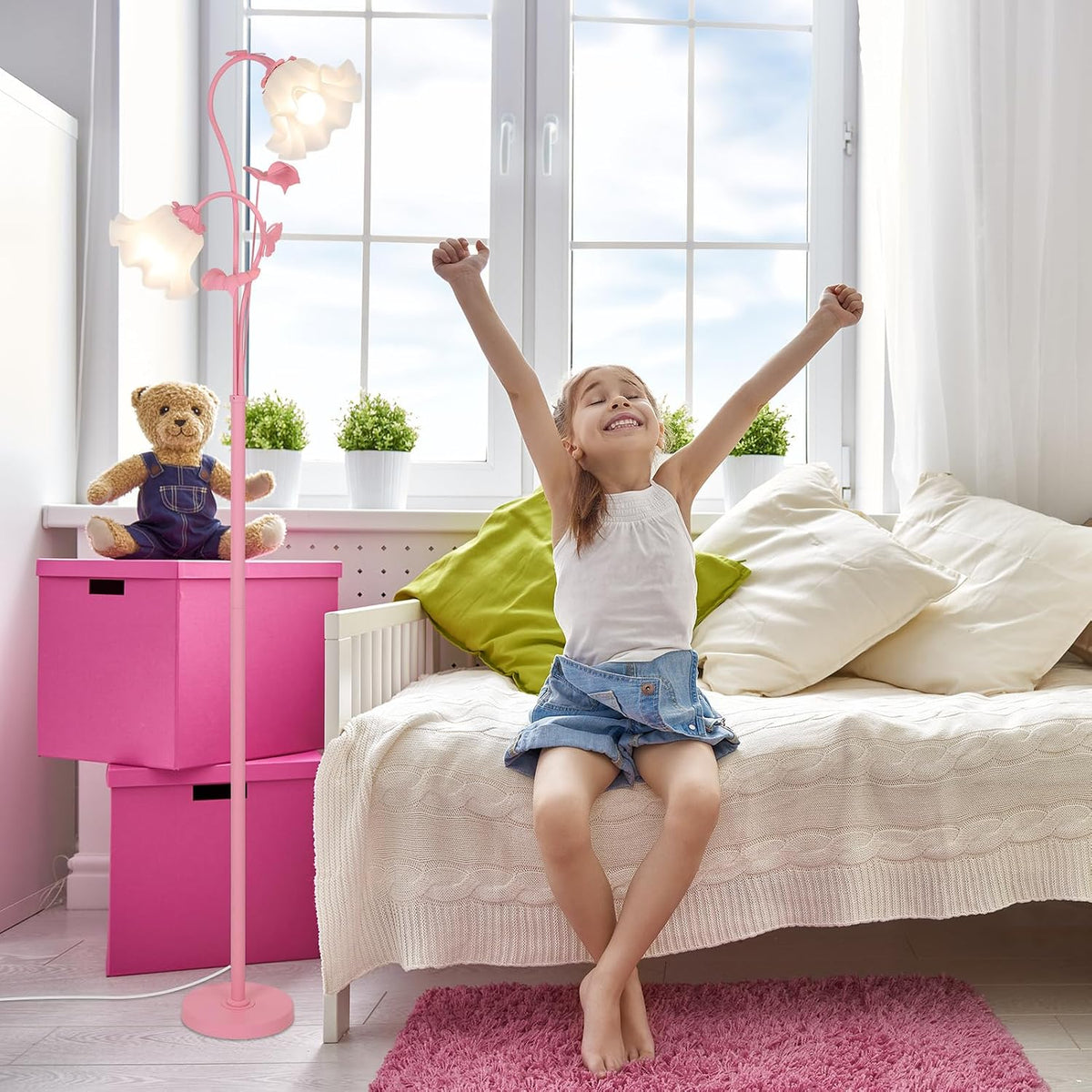 Pink Flower Floor Lamp, Floral Standing Lamp with 2 LED 5W Blubs, Foot Switch, Modern Corner Tall Lamp with Acrylic Shade, Girls Cute Floor Lamp for Living Room Bedroom Office Kids Reading