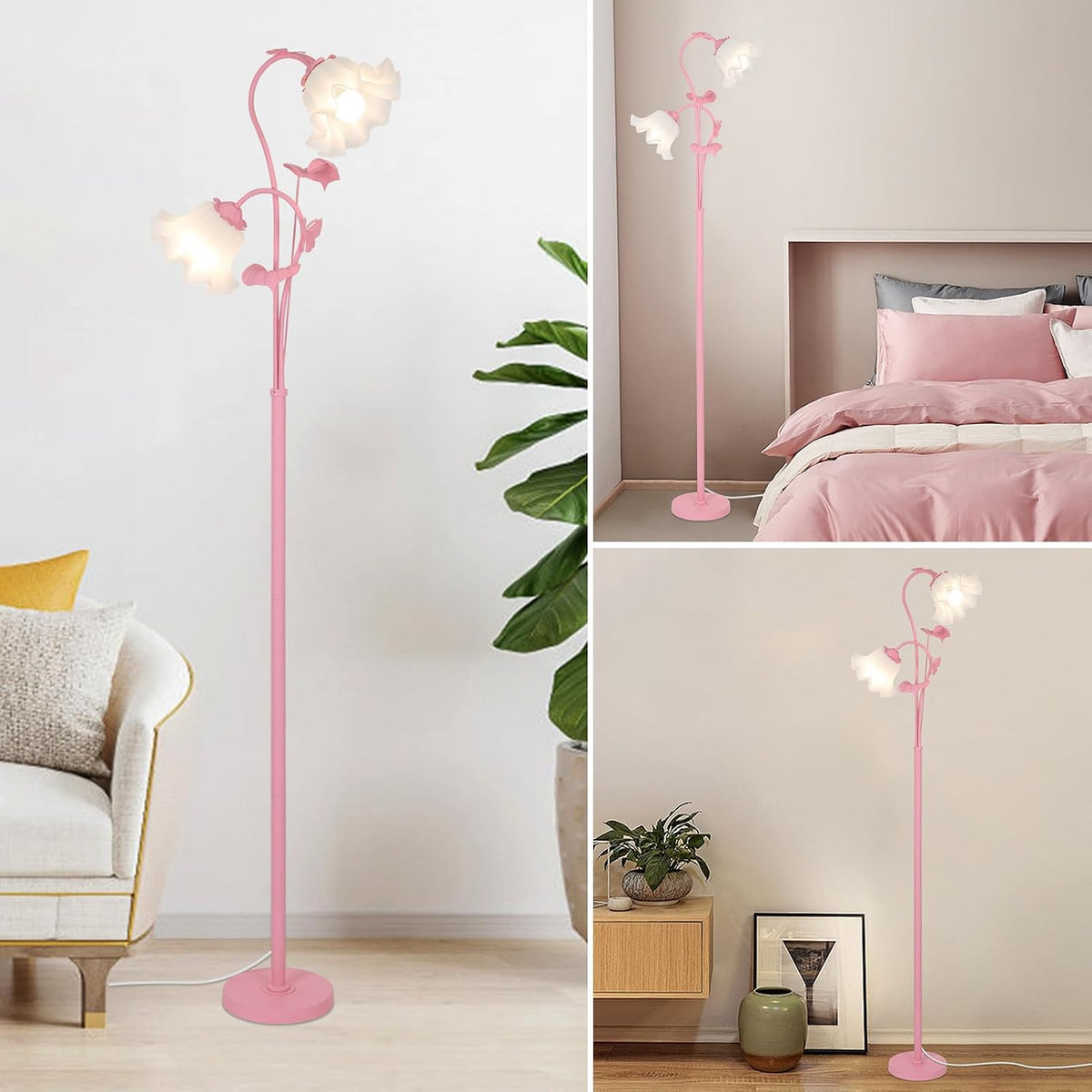 Pink Flower Floor Lamp, Floral Standing Lamp with 2 LED 5W Blubs, Foot Switch, Modern Corner Tall Lamp with Acrylic Shade, Girls Cute Floor Lamp for Living Room Bedroom Office Kids Reading