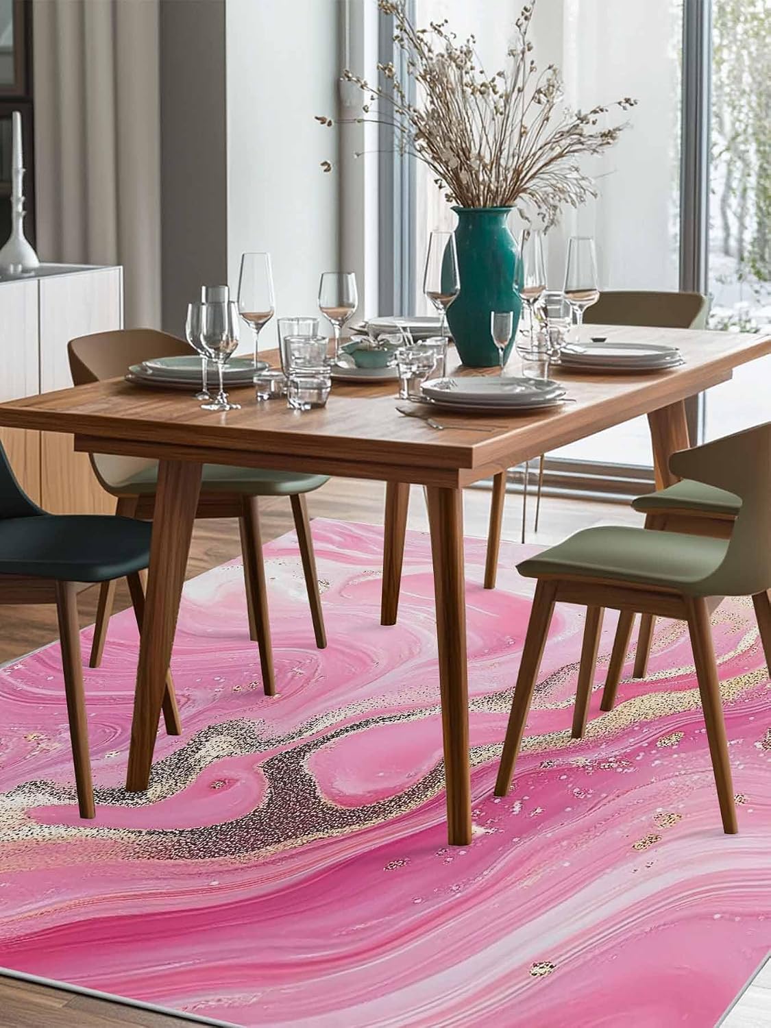2.7'x5' Area Rugs Living Room Rug Minimalist Style Modern Pink Waves Washable Soft Fluffy Large Rug Abstract Art Non-Slip Floor Carpet for Bedroom Home Decor