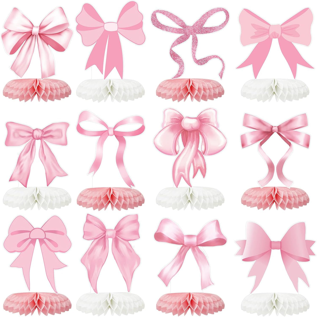 12 Pcs Pink Bow Party Decorations Honeycomb Centepieces 3D Coquette Birthday Table Decor Pink Bow Party Table Topper for Birthday Bachelorette Bridal Wedding Party Supplies