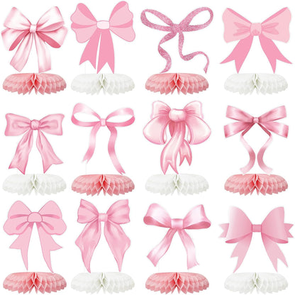 12 Pcs Pink Bow Party Decorations Honeycomb Centepieces 3D Coquette Birthday Table Decor Pink Bow Party Table Topper for Birthday Bachelorette Bridal Wedding Party Supplies