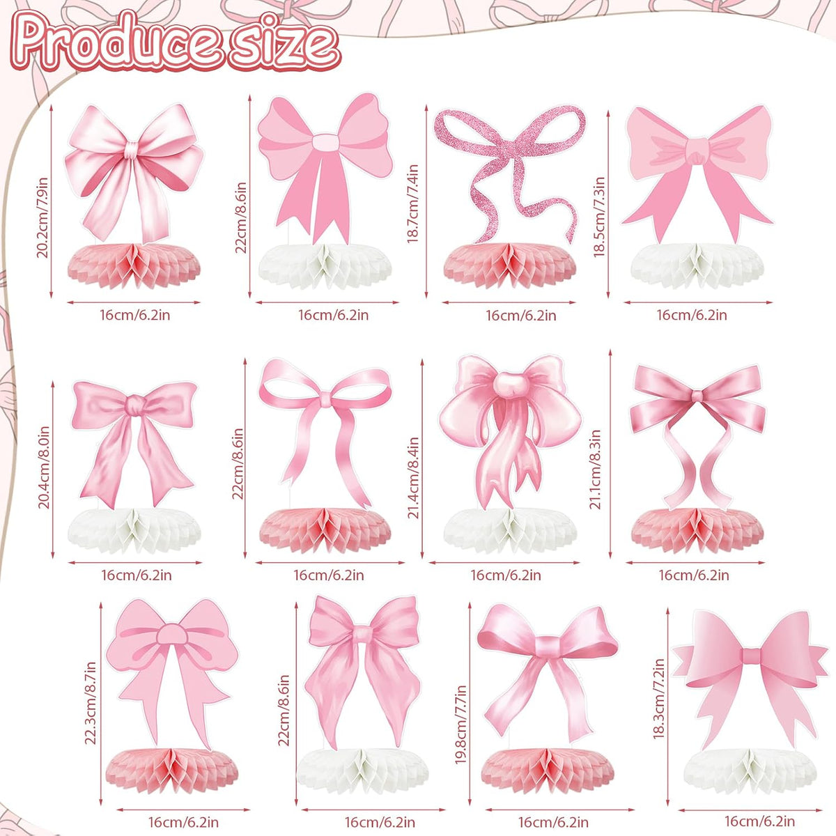 12 Pcs Pink Bow Party Decorations Honeycomb Centepieces 3D Coquette Birthday Table Decor Pink Bow Party Table Topper for Birthday Bachelorette Bridal Wedding Party Supplies
