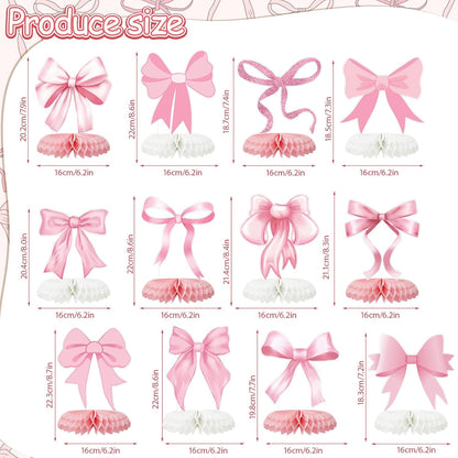 12 Pcs Pink Bow Party Decorations Honeycomb Centepieces 3D Coquette Birthday Table Decor Pink Bow Party Table Topper for Birthday Bachelorette Bridal Wedding Party Supplies