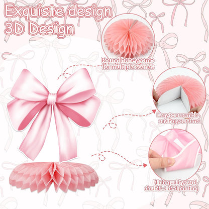 12 Pcs Pink Bow Party Decorations Honeycomb Centepieces 3D Coquette Birthday Table Decor Pink Bow Party Table Topper for Birthday Bachelorette Bridal Wedding Party Supplies