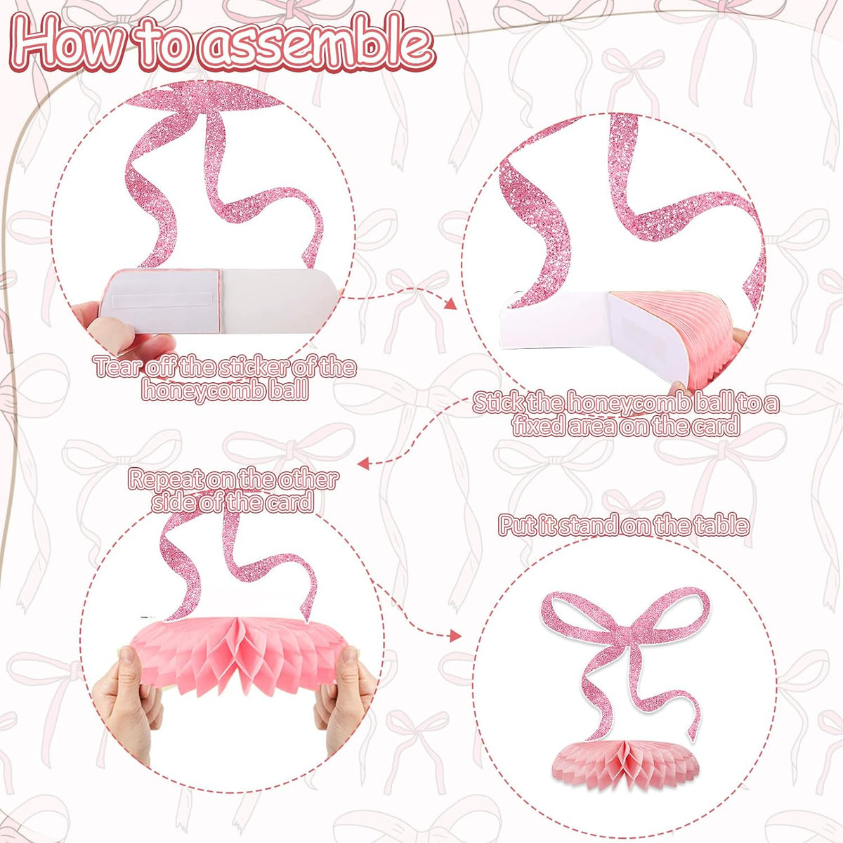 12 Pcs Pink Bow Party Decorations Honeycomb Centepieces 3D Coquette Birthday Table Decor Pink Bow Party Table Topper for Birthday Bachelorette Bridal Wedding Party Supplies