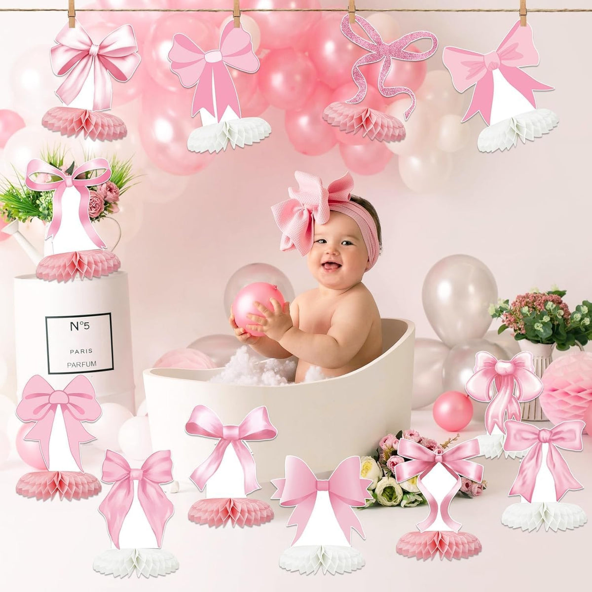 12 Pcs Pink Bow Party Decorations Honeycomb Centepieces 3D Coquette Birthday Table Decor Pink Bow Party Table Topper for Birthday Bachelorette Bridal Wedding Party Supplies