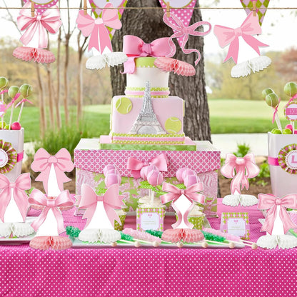 12 Pcs Pink Bow Party Decorations Honeycomb Centepieces 3D Coquette Birthday Table Decor Pink Bow Party Table Topper for Birthday Bachelorette Bridal Wedding Party Supplies