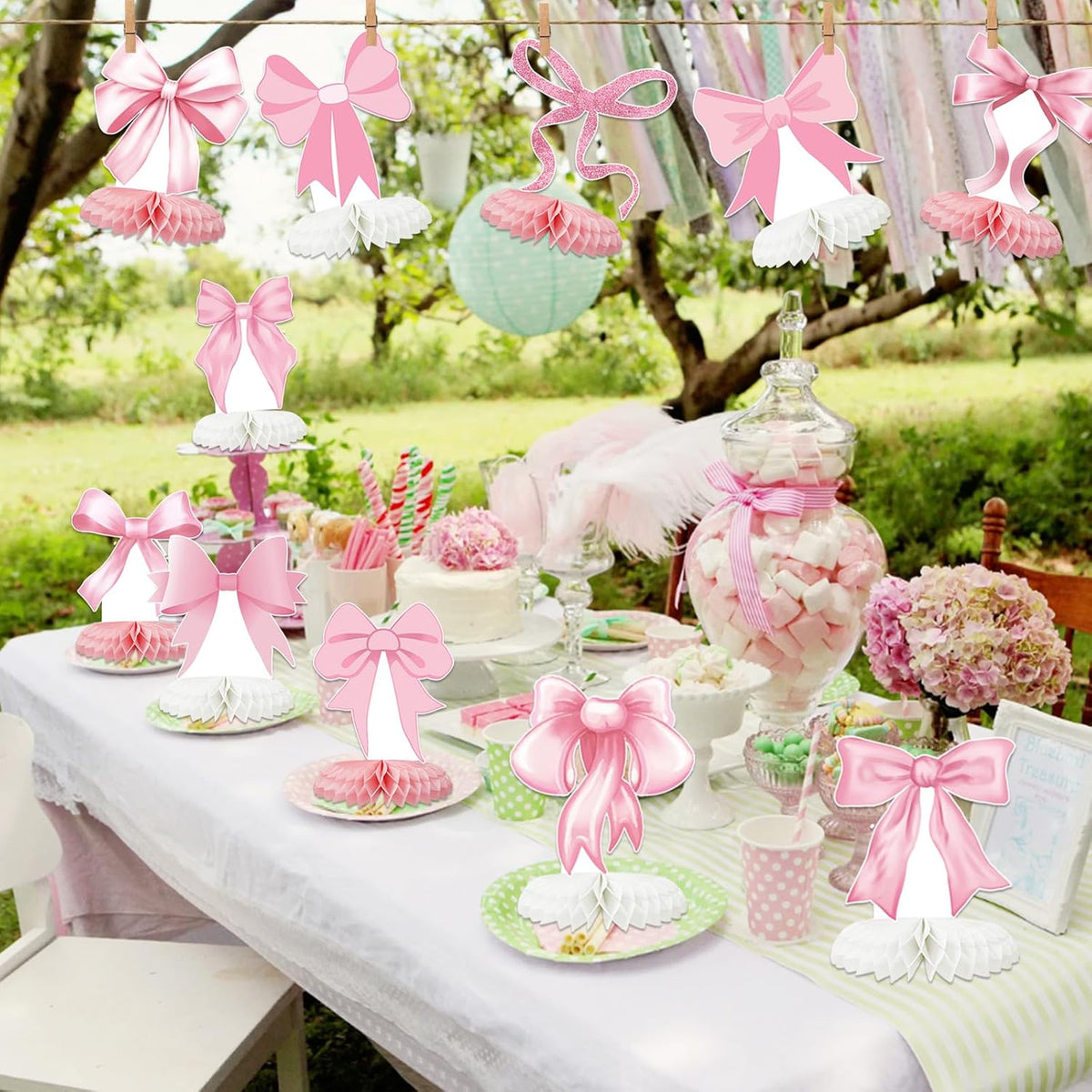 12 Pcs Pink Bow Party Decorations Honeycomb Centepieces 3D Coquette Birthday Table Decor Pink Bow Party Table Topper for Birthday Bachelorette Bridal Wedding Party Supplies