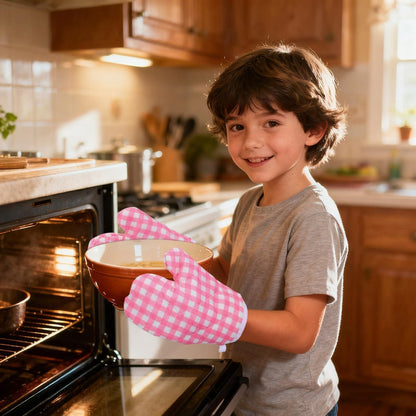 2Pcs Kids Oven Mitts for Children Play Kitchen, Microwave Oven Gloves Kitchen Baking Mitts, Red Checkered Heat Resistant s for Safe Backing Cooking BBQ (Pink Checkered)