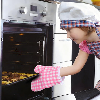 2Pcs Kids Oven Mitts for Children Play Kitchen, Microwave Oven Gloves Kitchen Baking Mitts, Red Checkered Heat Resistant s for Safe Backing Cooking BBQ (Pink Checkered)