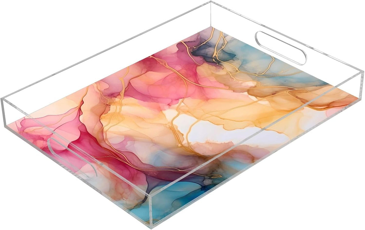 Plastic Food Serving Tray Decorative Vanity Trays for Bathroom Pink Marble Orange Coffee Table Kitchen Counter 11.8 * 15.7in