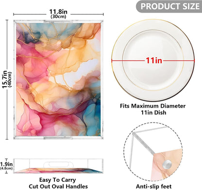 Plastic Food Serving Tray Decorative Vanity Trays for Bathroom Pink Marble Orange Coffee Table Kitchen Counter 11.8 * 15.7in