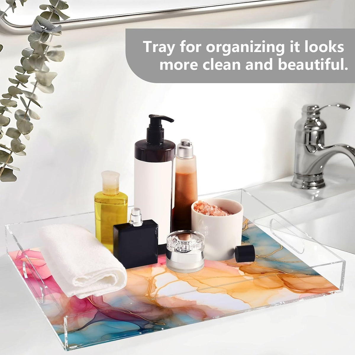 Plastic Food Serving Tray Decorative Vanity Trays for Bathroom Pink Marble Orange Coffee Table Kitchen Counter 11.8 * 15.7in