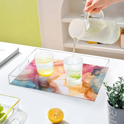 Plastic Food Serving Tray Decorative Vanity Trays for Bathroom Pink Marble Orange Coffee Table Kitchen Counter 11.8 * 15.7in