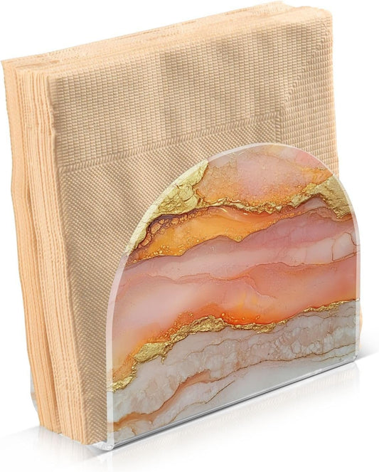 Napkin Caddy for Tabletop 1 Pack Holds 50-60 Napkins Double-Sided Printed Luncheon & Cocktail Napkin Holder Home & Kitchen Use Decorative Tabletop Accessory Marble Peach Gold