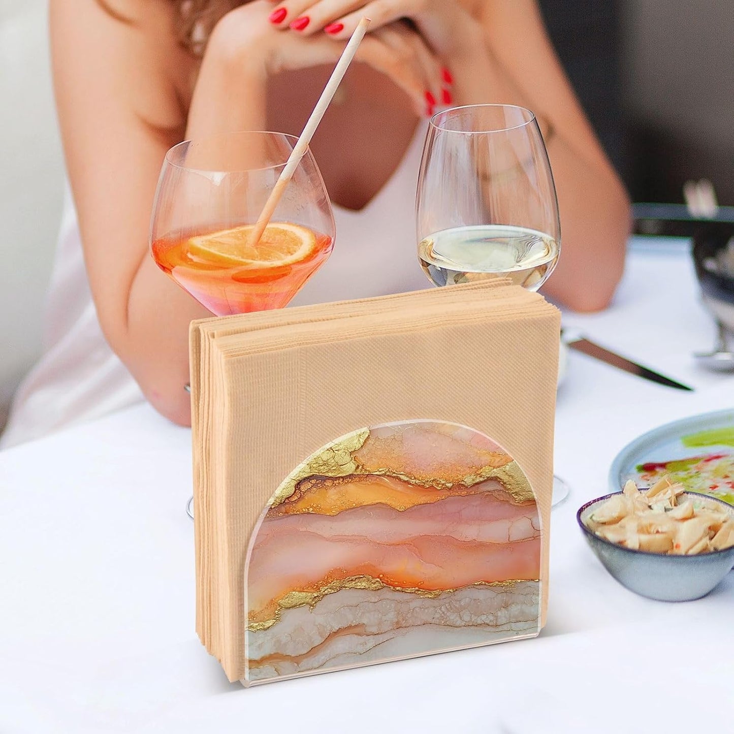 Napkin Caddy for Tabletop 1 Pack Holds 50-60 Napkins Double-Sided Printed Luncheon & Cocktail Napkin Holder Home & Kitchen Use Decorative Tabletop Accessory Marble Peach Gold