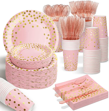 Pink Gold Paper Plates, 175PCS Disposable Dinnerware Set for 25 Guests