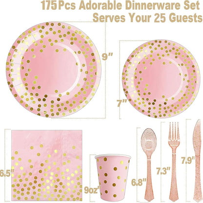 Pink Gold Paper Plates, 175PCS Disposable Dinnerware Set for 25 Guests