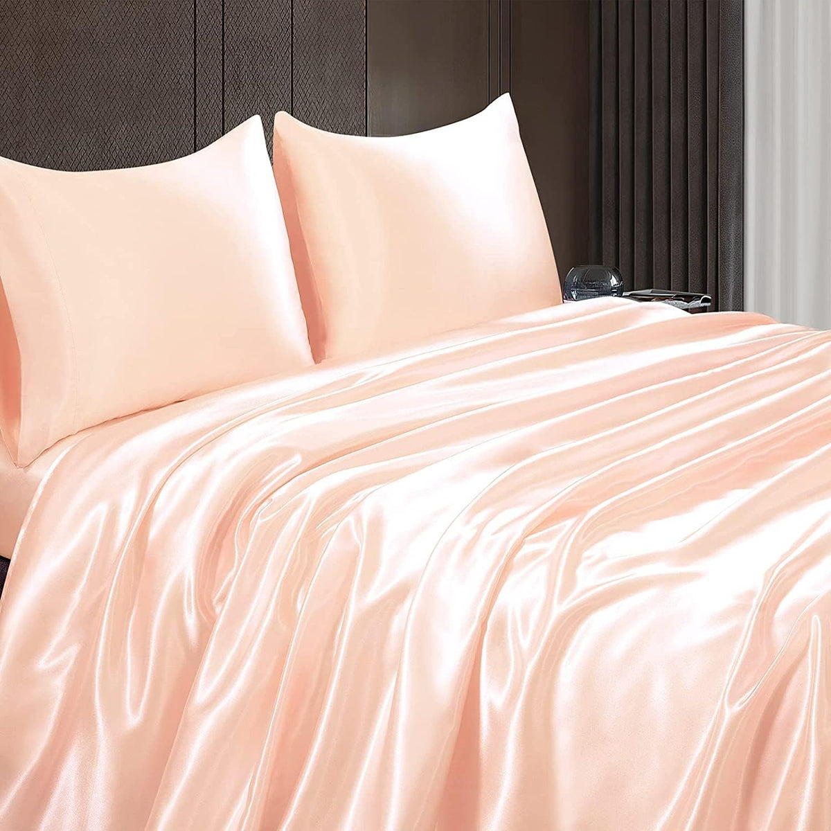 Satin Sheets Queen Size Sets, 4 Piece Peach Satin Bed Sheet Set with 15" Deep Pocket, Soft Satin Sheets Queen - Peach