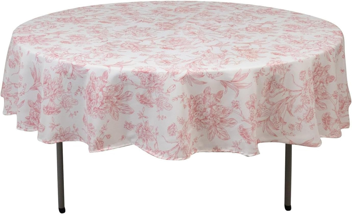 Polyester Round Tablecloth 90" White with Pink French Toile Pattern - Sophisticated Table Cover for Chic Weddings & Events