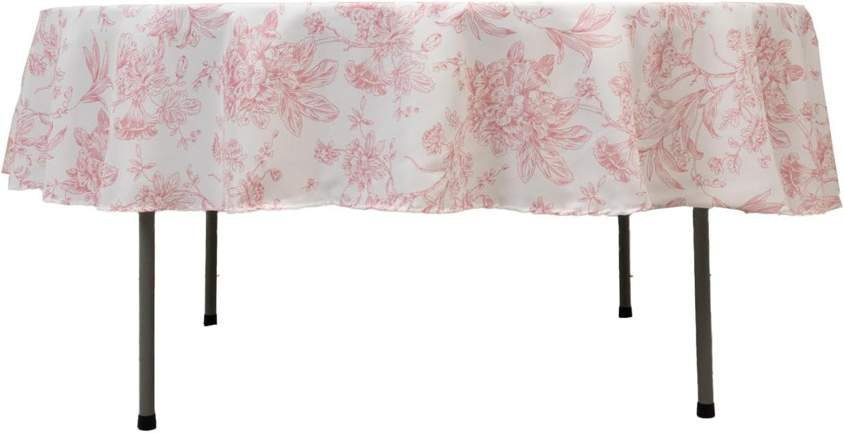 Polyester Round Tablecloth 90" White with Pink French Toile Pattern - Sophisticated Table Cover for Chic Weddings & Events
