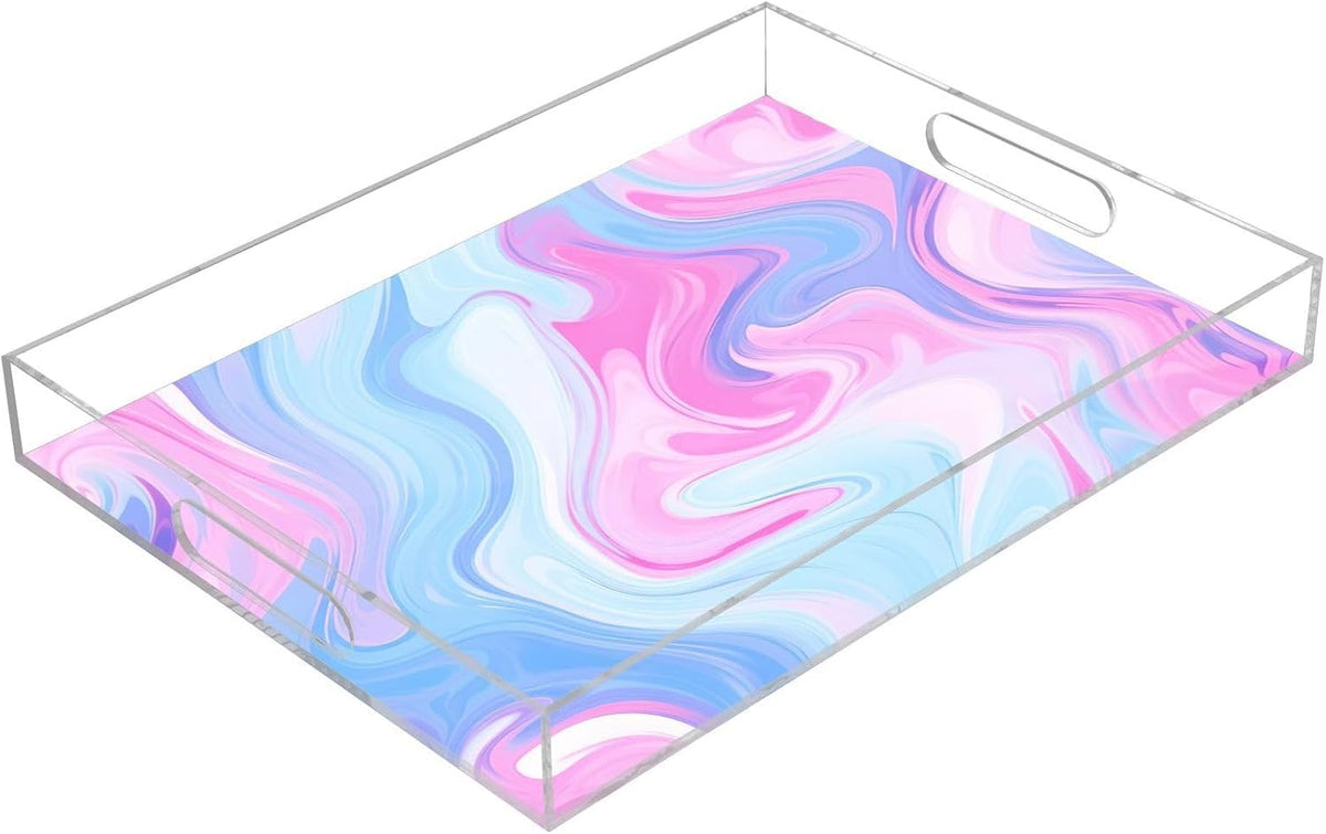 Pastel Blue Pink Marble Serving Tray 12"x16", Spill-Proof Portable Acrylic Decorative Tray with Handles for Breakfast in Bed, Ottoman, Coffee Table, Dinner Parties