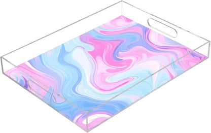 Pastel Blue Pink Marble Serving Tray 12"x16", Spill-Proof Portable Acrylic Decorative Tray with Handles for Breakfast in Bed, Ottoman, Coffee Table, Dinner Parties
