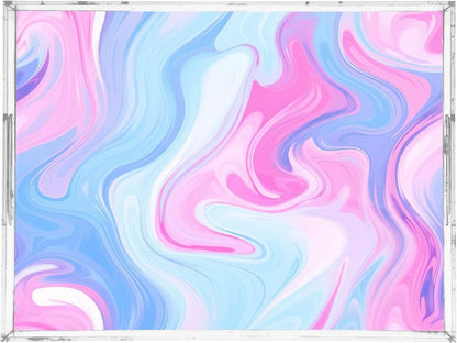 Pastel Blue Pink Marble Serving Tray 12"x16", Spill-Proof Portable Acrylic Decorative Tray with Handles for Breakfast in Bed, Ottoman, Coffee Table, Dinner Parties