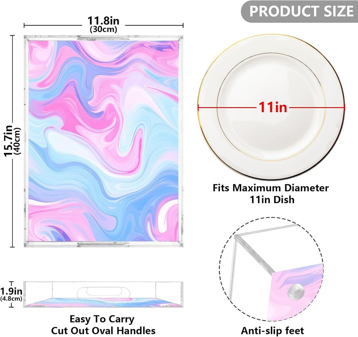 Pastel Blue Pink Marble Serving Tray 12"x16", Spill-Proof Portable Acrylic Decorative Tray with Handles for Breakfast in Bed, Ottoman, Coffee Table, Dinner Parties